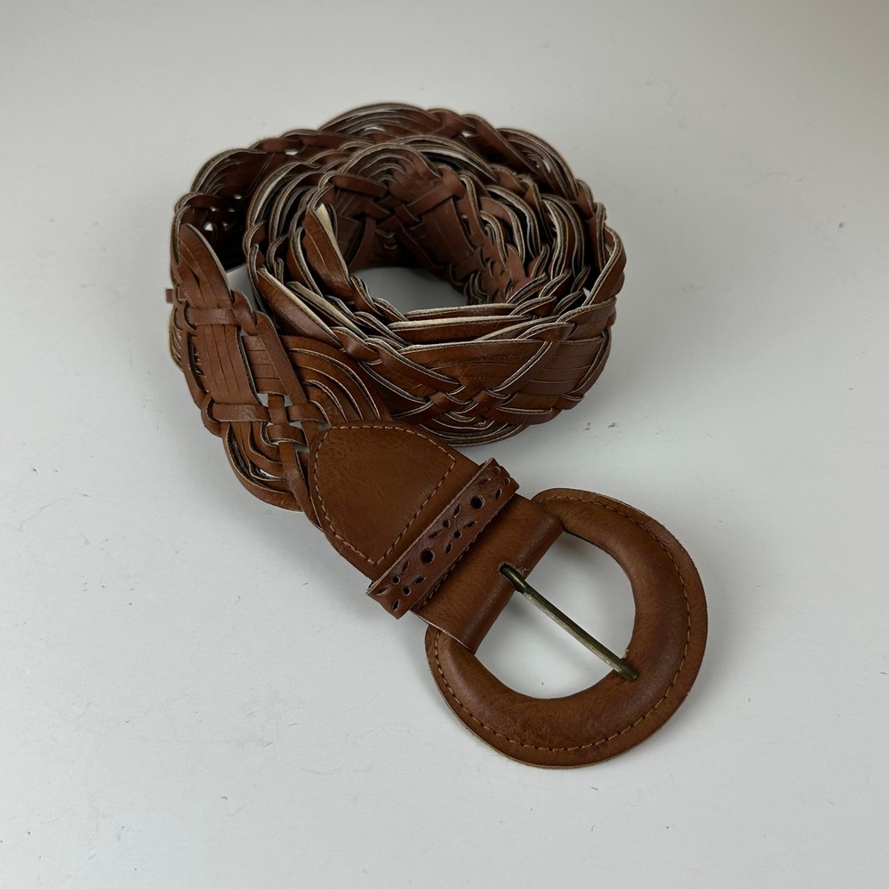 Vintage Style Brown Braided Woven Faux Leather Belt Size 22 Boho Western Chic